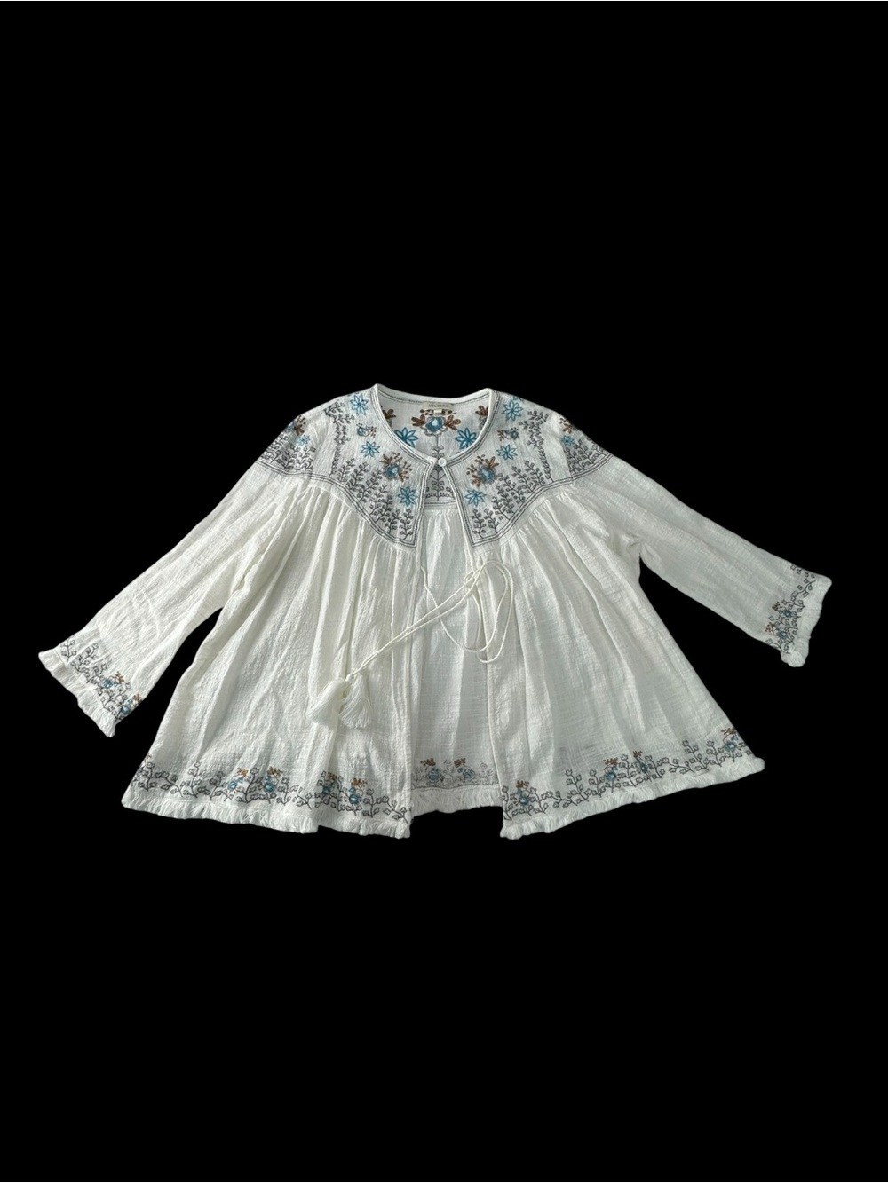 Velzera White Top with Teal and Brown Floral Embroidery